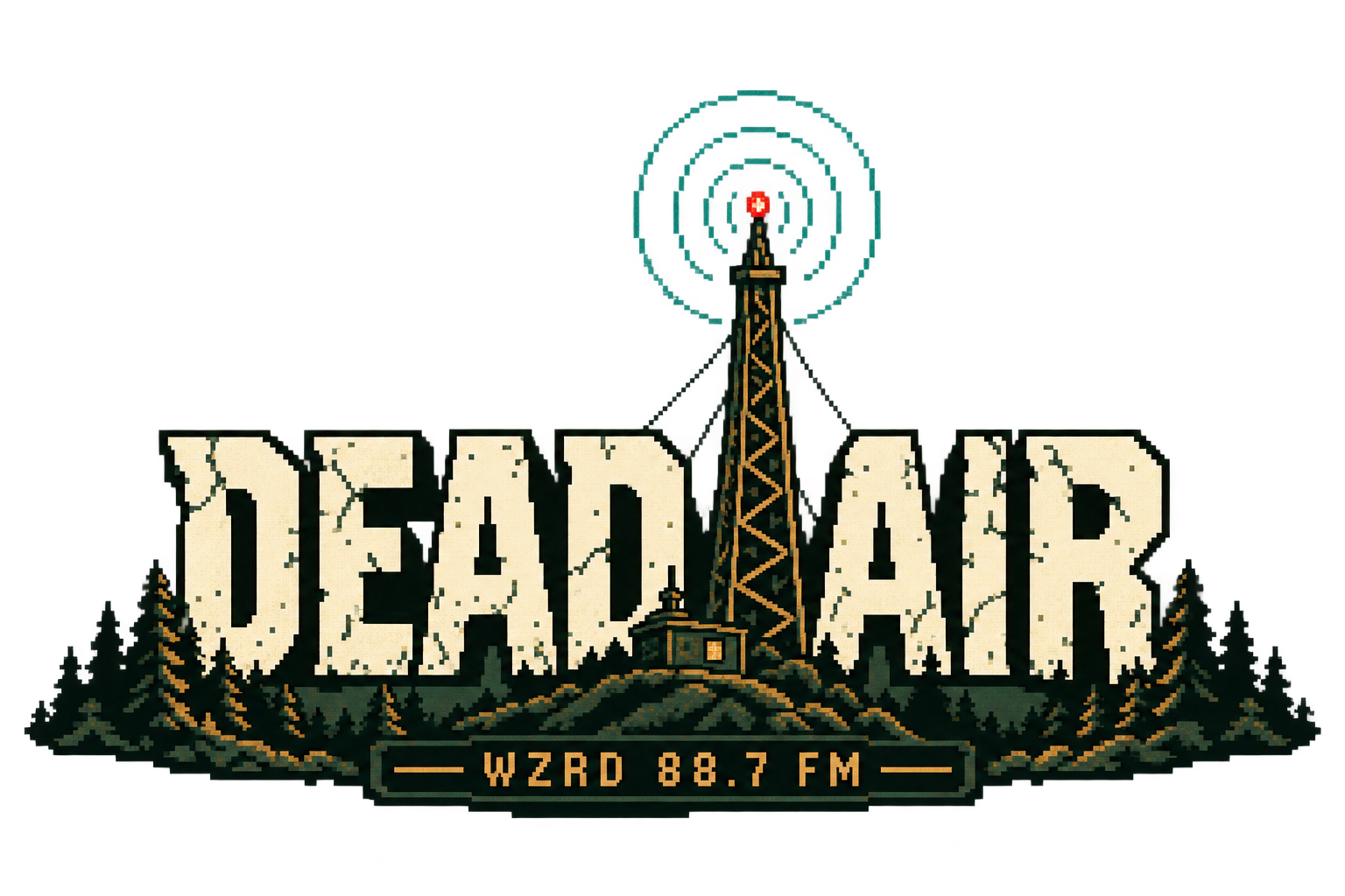 Dead Air, WZRD 88.7 FM: a radio tower broadcasting over a pine hill