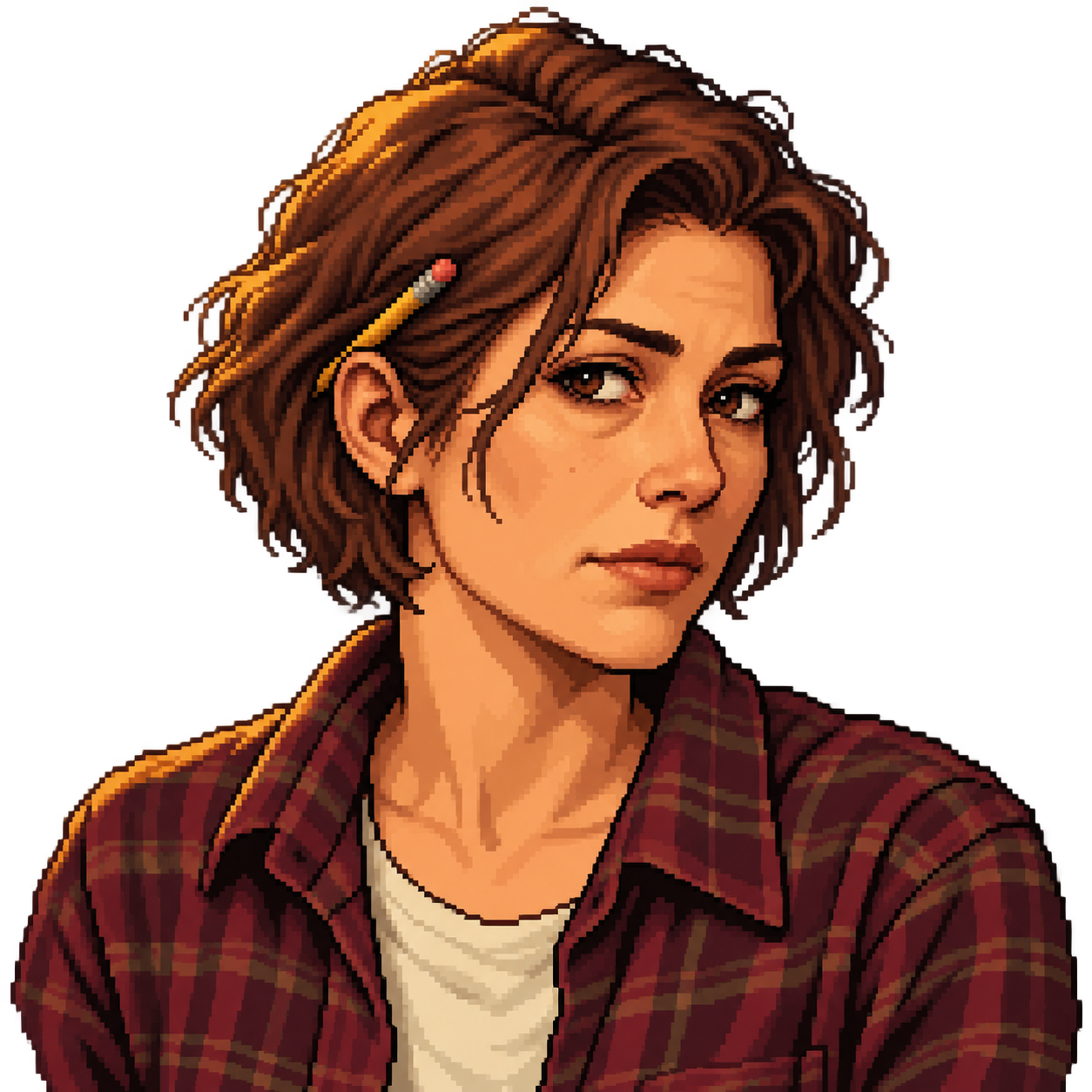 Mara, the reporter, with a chestnut bob and burgundy plaid shirt