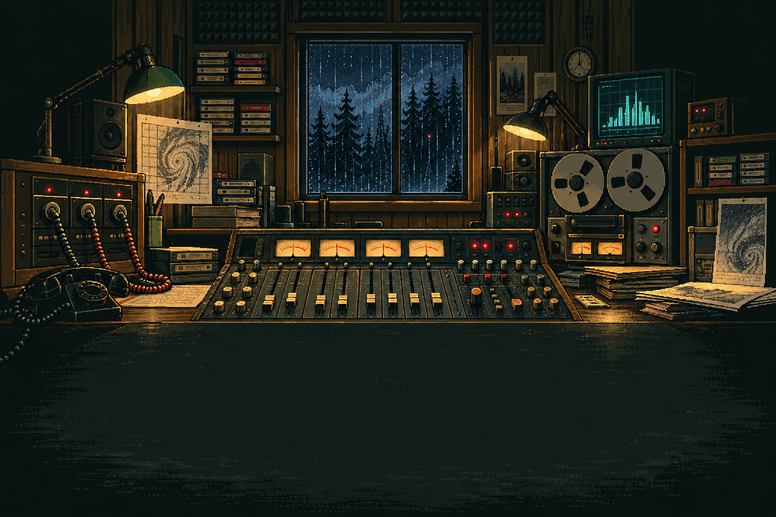 Pixel-art radio studio with a mixing desk, cassette archive, reel-to-reel recorder and rain against a midnight window